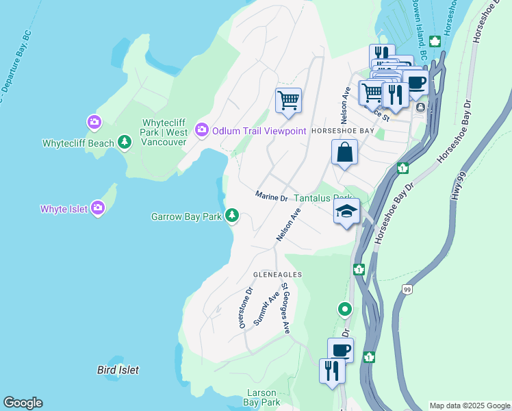 map of restaurants, bars, coffee shops, grocery stores, and more near 6590 Northwest Marine Drive in Vancouver
