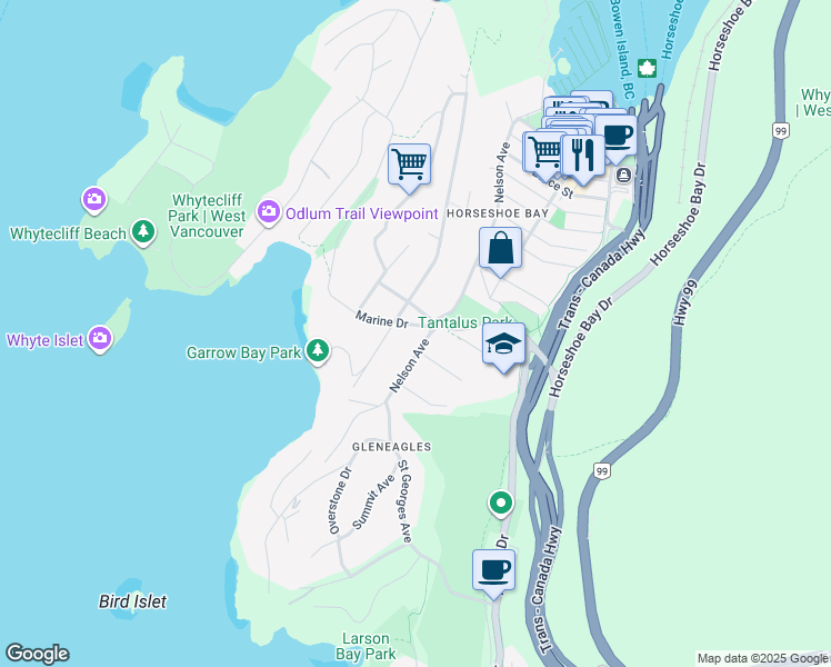 map of restaurants, bars, coffee shops, grocery stores, and more near 6528 Marine Drive in West Vancouver