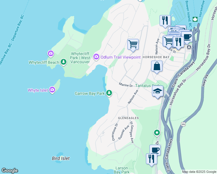 map of restaurants, bars, coffee shops, grocery stores, and more near 6648 Marine Drive in West Vancouver