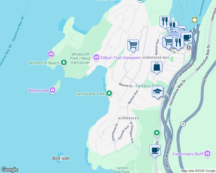 map of restaurants, bars, coffee shops, grocery stores, and more near 6648 Northwest Marine Drive in Vancouver