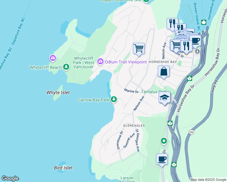 map of restaurants, bars, coffee shops, grocery stores, and more near 6648 Marine Drive in West Vancouver