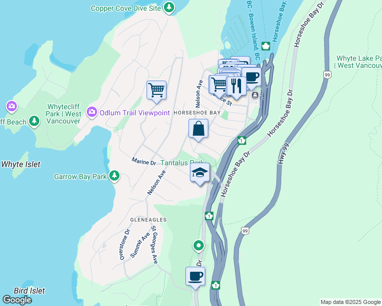 map of restaurants, bars, coffee shops, grocery stores, and more near 6467 Raleigh Street in West Vancouver
