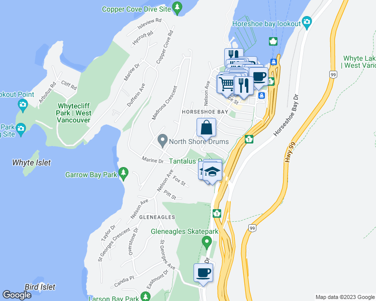 map of restaurants, bars, coffee shops, grocery stores, and more near Nelson Avenue in West Vancouver