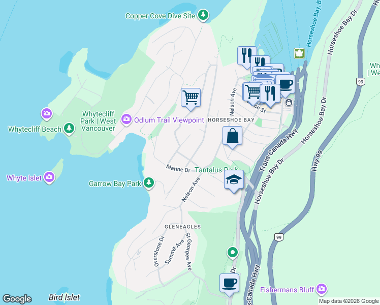 map of restaurants, bars, coffee shops, grocery stores, and more near 6415 Wellington Avenue in West Vancouver