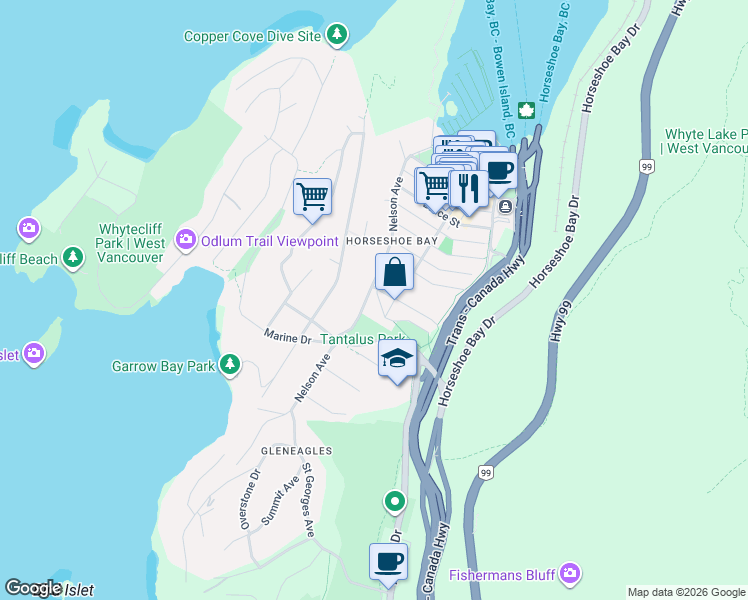map of restaurants, bars, coffee shops, grocery stores, and more near 6450 Nelson Avenue in West Vancouver