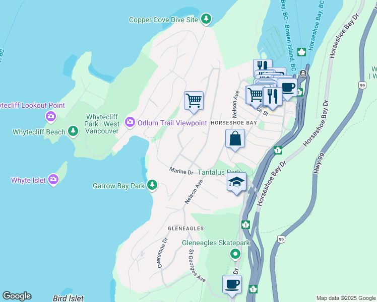 map of restaurants, bars, coffee shops, grocery stores, and more near 6412 Imperial Avenue in West Vancouver