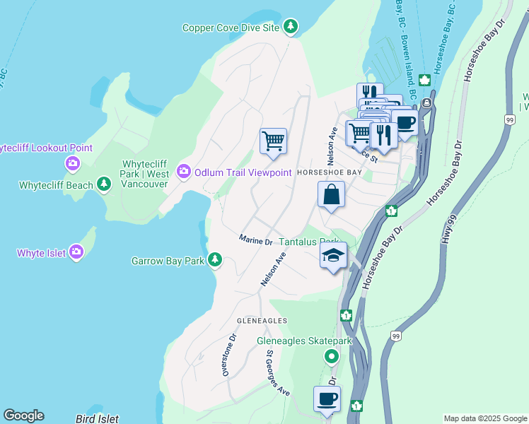 map of restaurants, bars, coffee shops, grocery stores, and more near 6412 Imperial Avenue in West Vancouver