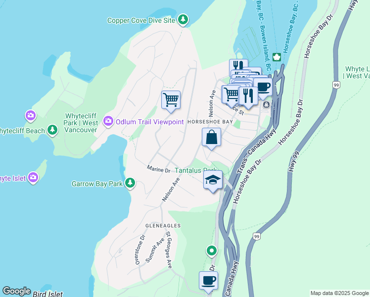 map of restaurants, bars, coffee shops, grocery stores, and more near 6434 Wellington Avenue in West Vancouver