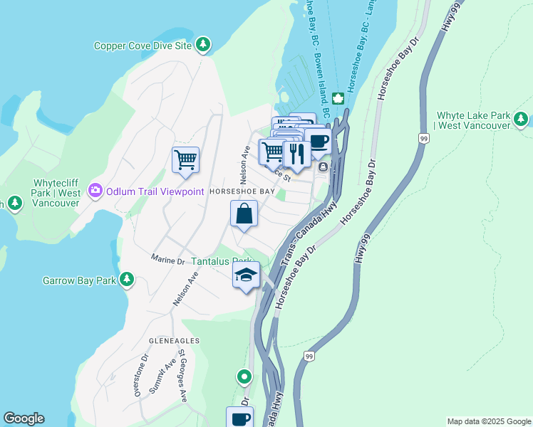map of restaurants, bars, coffee shops, grocery stores, and more near 6385 Argyle Avenue in West Vancouver