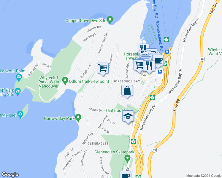 map of restaurants, bars, coffee shops, grocery stores, and more near 6465 Wellington Avenue in West Vancouver