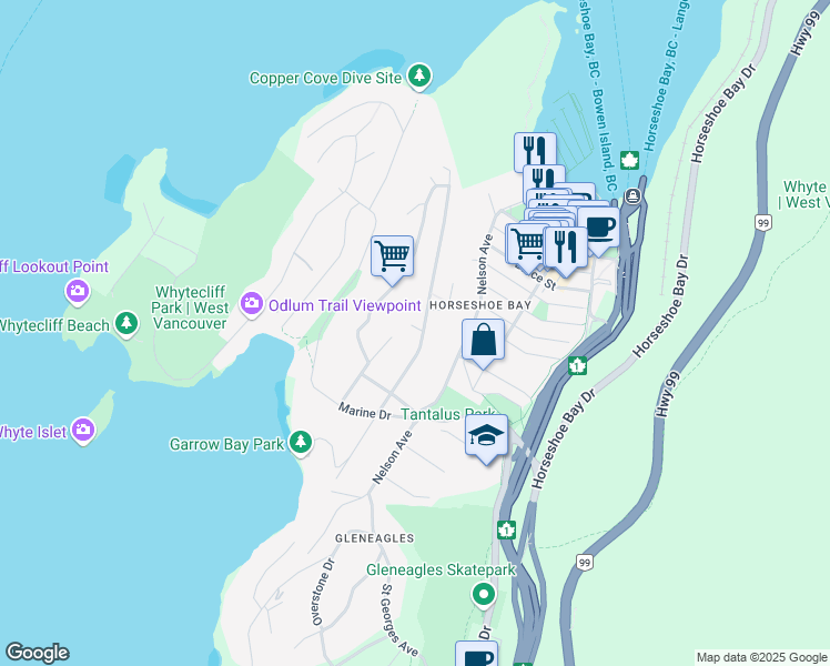 map of restaurants, bars, coffee shops, grocery stores, and more near 6465 Wellington Avenue in West Vancouver