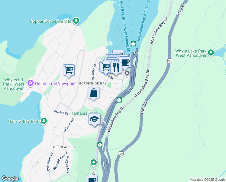 map of restaurants, bars, coffee shops, grocery stores, and more near 6364 Douglas Street in West Vancouver