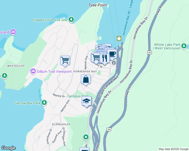 map of restaurants, bars, coffee shops, grocery stores, and more near 6544 Royal Avenue in West Vancouver