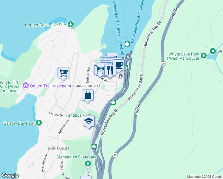 map of restaurants, bars, coffee shops, grocery stores, and more near 6339 Douglas Street in West Vancouver