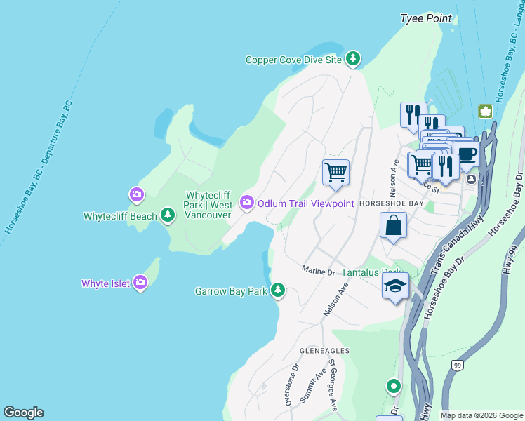 map of restaurants, bars, coffee shops, grocery stores, and more near 6760 Batchelor Bay Place in West Vancouver