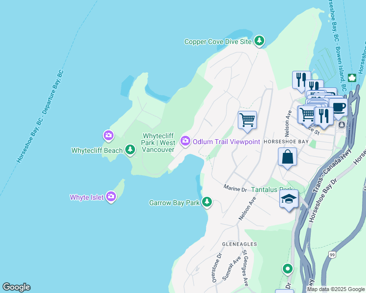 map of restaurants, bars, coffee shops, grocery stores, and more near 6993 Marine Drive in West Vancouver