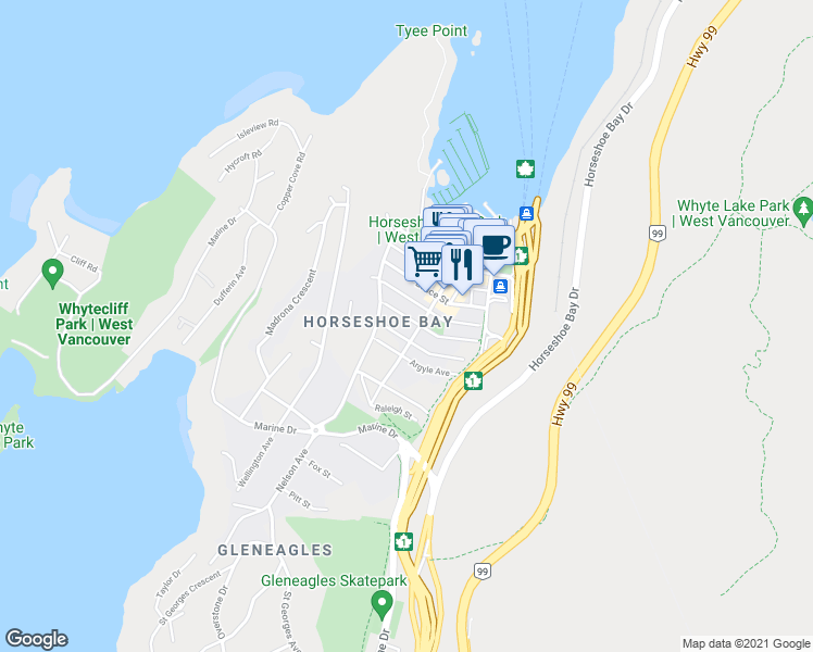 map of restaurants, bars, coffee shops, grocery stores, and more near 6422 Douglas Street in West Vancouver