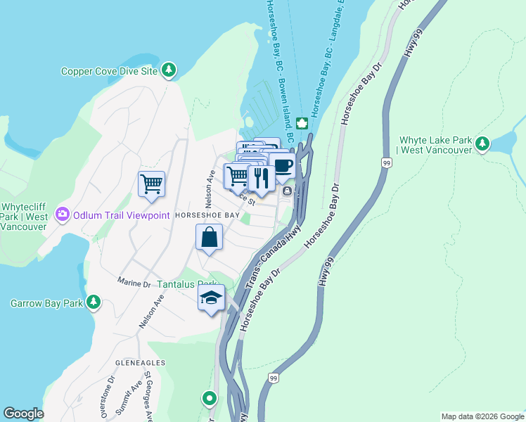 map of restaurants, bars, coffee shops, grocery stores, and more near 6358 Bruce Street in West Vancouver