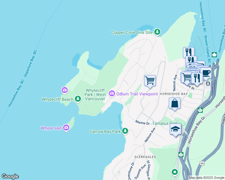 map of restaurants, bars, coffee shops, grocery stores, and more near 6975 Marine Drive in West Vancouver