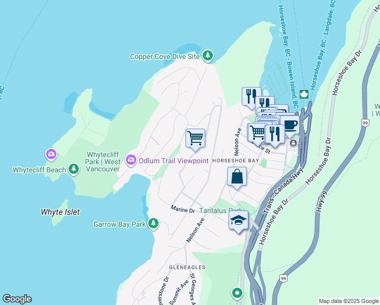 map of restaurants, bars, coffee shops, grocery stores, and more near 6475 Madrona Crescent in West Vancouver