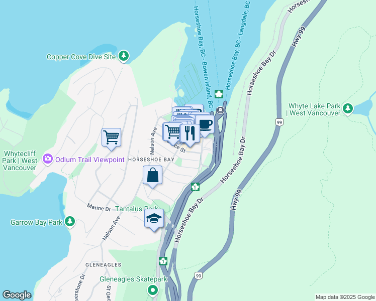 map of restaurants, bars, coffee shops, grocery stores, and more near in West Vancouver