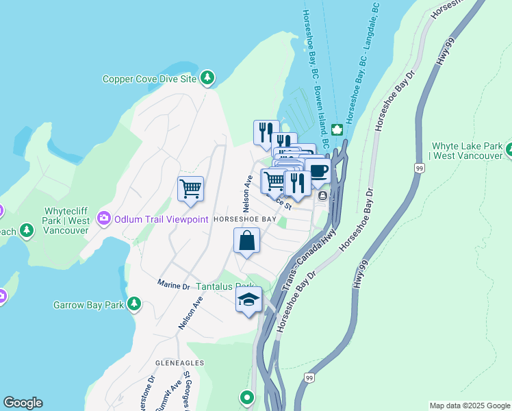 map of restaurants, bars, coffee shops, grocery stores, and more near 6449 Douglas Street in West Vancouver