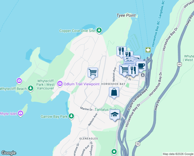 map of restaurants, bars, coffee shops, grocery stores, and more near 6510 Madrona Crescent in West Vancouver