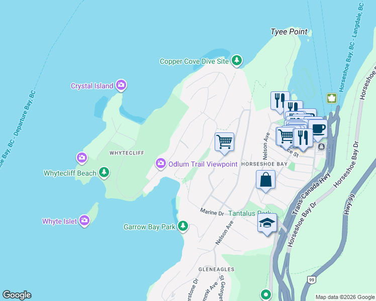 map of restaurants, bars, coffee shops, grocery stores, and more near 6980 Odlum Court in West Vancouver