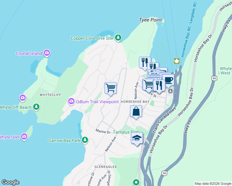 map of restaurants, bars, coffee shops, grocery stores, and more near 6510 Madrona Crescent in West Vancouver