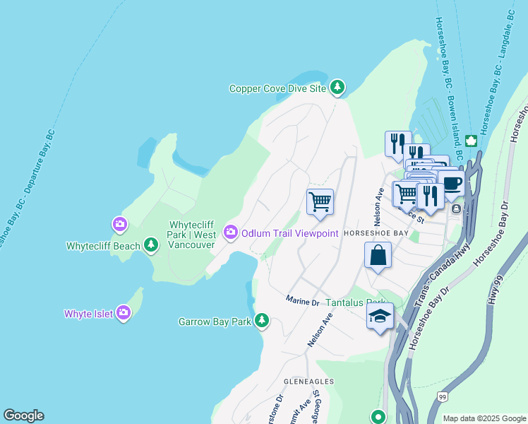 map of restaurants, bars, coffee shops, grocery stores, and more near 6960 Odlum Court in West Vancouver