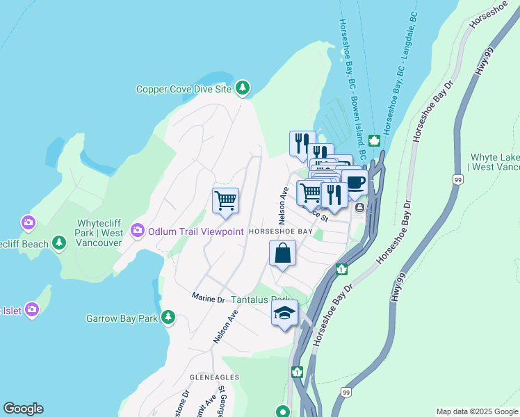map of restaurants, bars, coffee shops, grocery stores, and more near 6550 Wellington Avenue in West Vancouver
