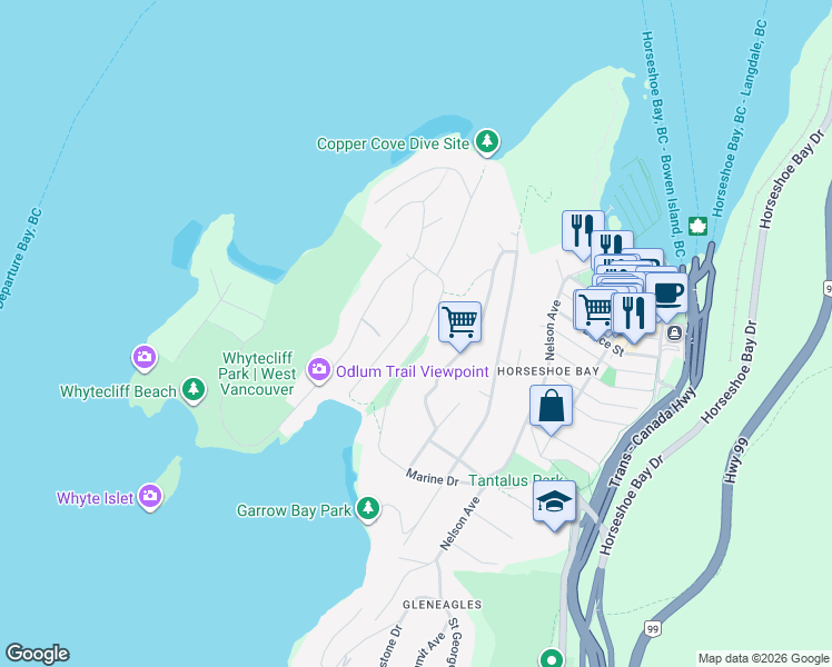 map of restaurants, bars, coffee shops, grocery stores, and more near 6766 Dufferin Avenue in West Vancouver