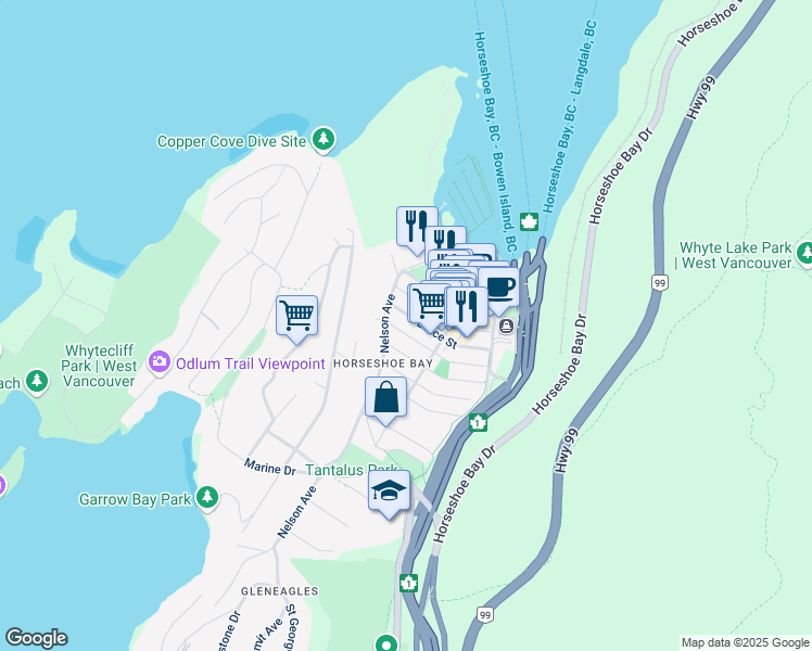 map of restaurants, bars, coffee shops, grocery stores, and more near 6458 Bruce Street in West Vancouver