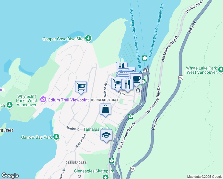 map of restaurants, bars, coffee shops, grocery stores, and more near 6458 Bruce Street in West Vancouver