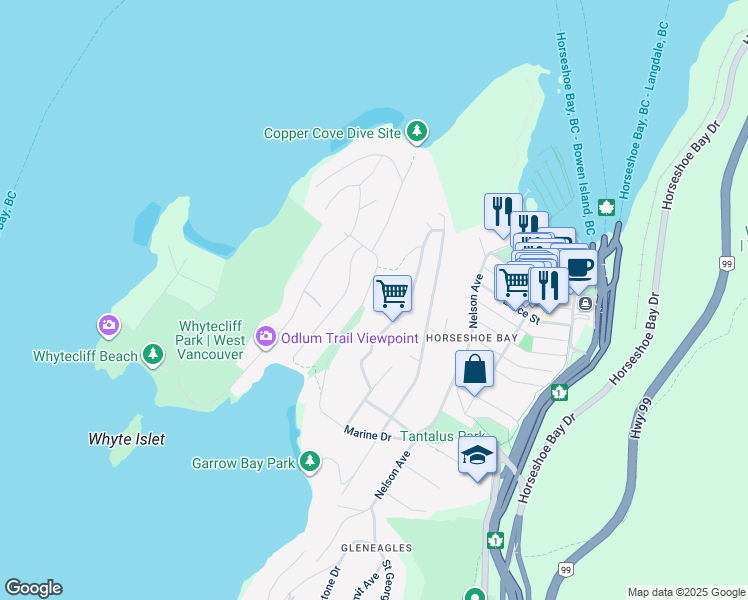 map of restaurants, bars, coffee shops, grocery stores, and more near 6775 Marine Drive in West Vancouver