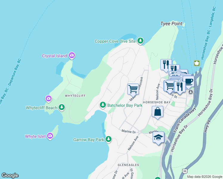 map of restaurants, bars, coffee shops, grocery stores, and more near 6955 Odlum Court in West Vancouver