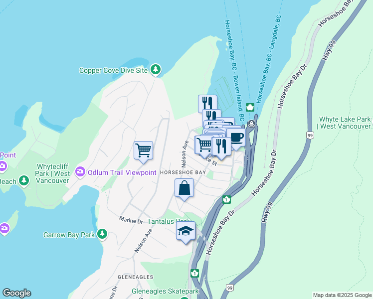 map of restaurants, bars, coffee shops, grocery stores, and more near 6590 Nelson Avenue in Burnaby