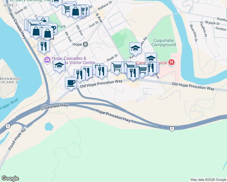 map of restaurants, bars, coffee shops, grocery stores, and more near 1250 Ryder Street in Hope