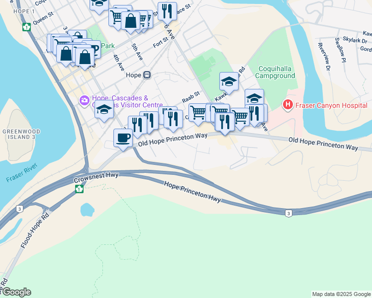 map of restaurants, bars, coffee shops, grocery stores, and more near 1222 Ryder Street in Hope