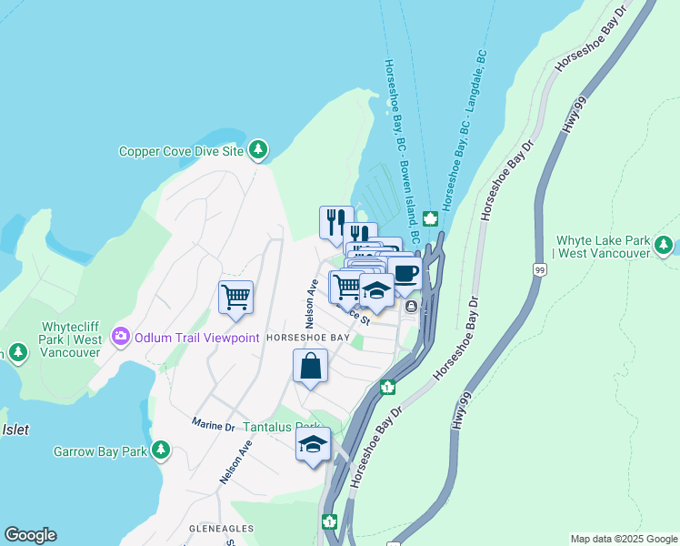 map of restaurants, bars, coffee shops, grocery stores, and more near 6476 Bay Street in West Vancouver