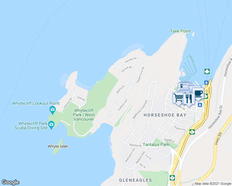 map of restaurants, bars, coffee shops, grocery stores, and more near 6925 Marine Drive in West Vancouver