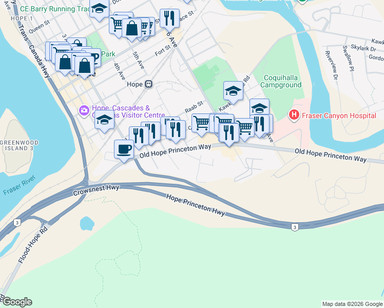 map of restaurants, bars, coffee shops, grocery stores, and more near 1212 Ryder Street in Hope
