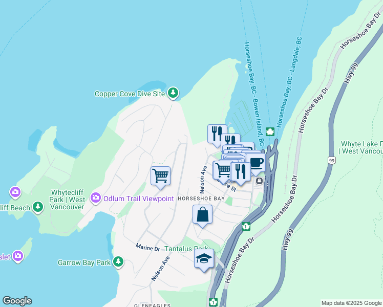 map of restaurants, bars, coffee shops, grocery stores, and more near 6680 Wellington Avenue in West Vancouver