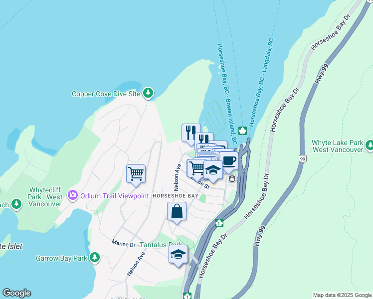 map of restaurants, bars, coffee shops, grocery stores, and more near in West Vancouver