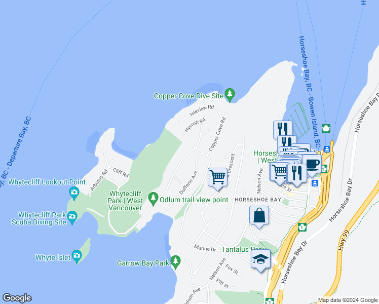 map of restaurants, bars, coffee shops, grocery stores, and more near 6915 Marine Drive in West Vancouver