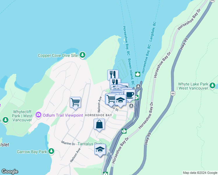 map of restaurants, bars, coffee shops, grocery stores, and more near Nelson Avenue in West Vancouver