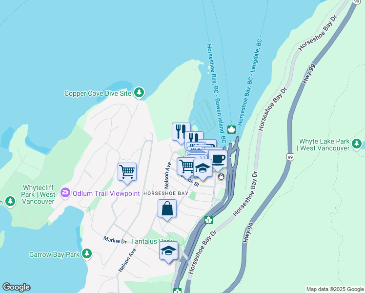 map of restaurants, bars, coffee shops, grocery stores, and more near Nelson Avenue in West Vancouver