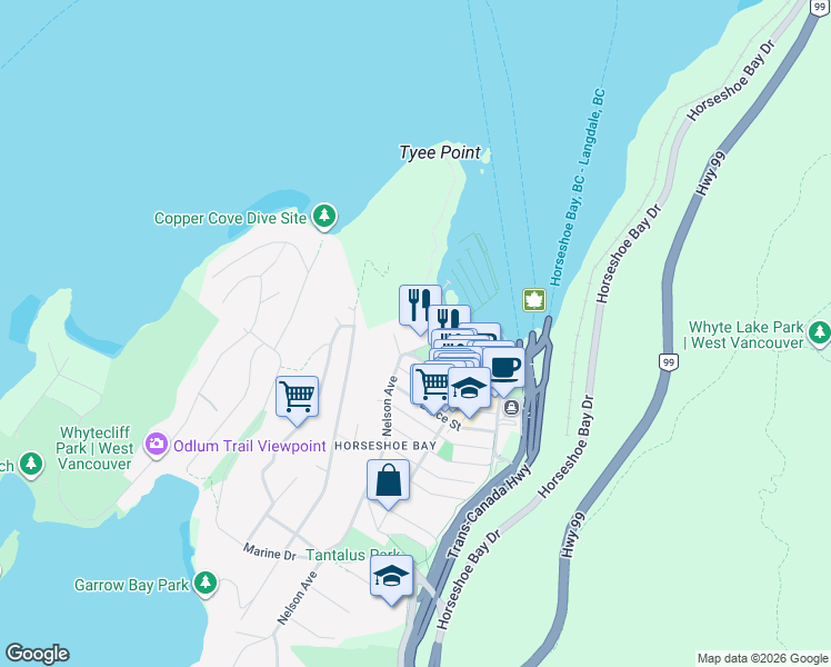 map of restaurants, bars, coffee shops, grocery stores, and more near 6695 Nelson Avenue in West Vancouver