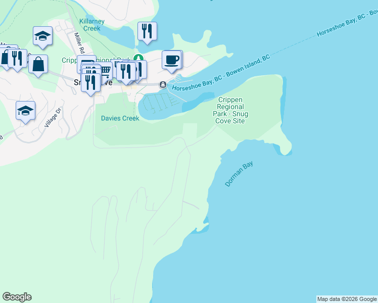 map of restaurants, bars, coffee shops, grocery stores, and more near 998 Hummingbird Lane in Bowen Island