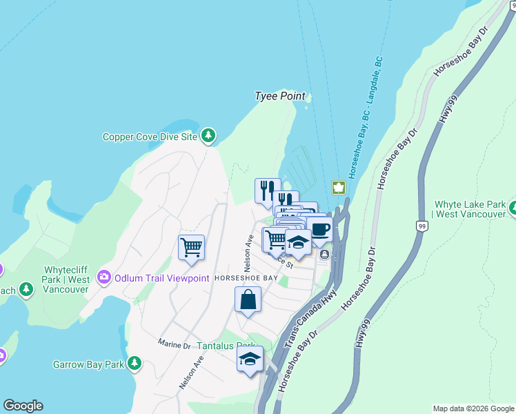 map of restaurants, bars, coffee shops, grocery stores, and more near Nelson Avenue in West Vancouver